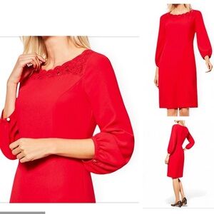 NWT Talbots Red Embroidered Neck Blouse Dress 3/4 Sleeve